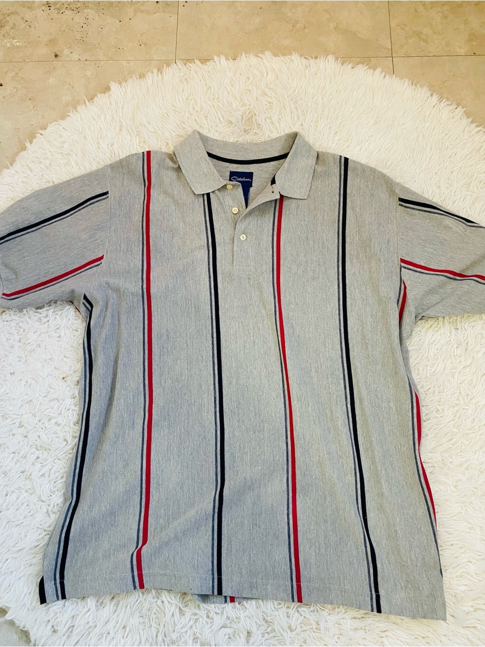 Catalina Men’s 2XL Gray Red Navy Striped Short Sleeve Polo Shirt